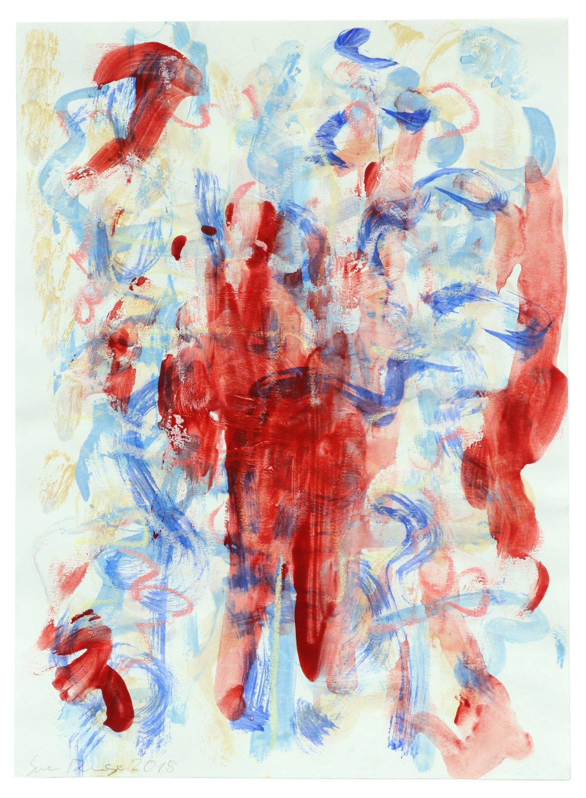 Roter Mensch in Bewegung, Tinte, Acryl auf Bütten, 30 cm x 20 cm